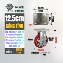 Bánh xe PU Hàn Quốc lõi gang, tải nặng banh xe pu bo tron tai nang 12.5cm tinh - Cơ Khí Nemo