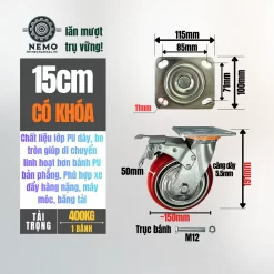 Bánh xe PU Hàn Quốc lõi gang, tải nặng banh xe pu bo tron tai nang 15cm khoa - Cơ Khí Nemo