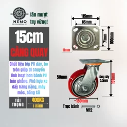 Bánh xe PU Hàn Quốc lõi gang, tải nặng banh xe pu bo tron tai nang 15cm quay - Cơ Khí Nemo