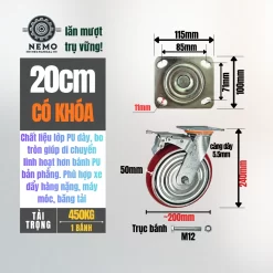 Bánh xe PU Hàn Quốc lõi gang, tải nặng banh xe pu bo tron tai nang 20cm khoa - Cơ Khí Nemo