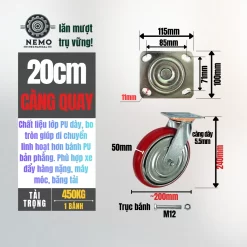 Bánh xe PU Hàn Quốc lõi gang, tải nặng banh xe pu bo tron tai nang 20cm quay - Cơ Khí Nemo