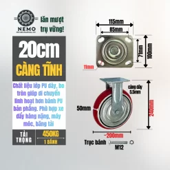 Bánh xe PU Hàn Quốc lõi gang, tải nặng banh xe pu bo tron tai nang 20cm tinh - Cơ Khí Nemo