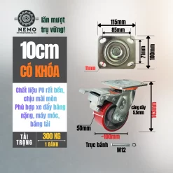 Bánh xe PU cốt sắt tải nặng, càng 5.5 ly banh xe pu loi gang tai nang 10cm khoa - Cơ Khí Nemo