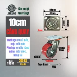 Bánh xe PU cốt sắt tải nặng, càng 5.5 ly banh xe pu loi gang tai nang 10cm quay - Cơ Khí Nemo