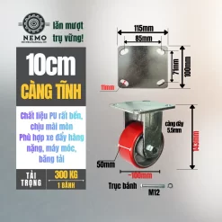 Bánh xe PU cốt sắt tải nặng, càng 5.5 ly banh xe pu loi gang tai nang 10cm tinh - Cơ Khí Nemo