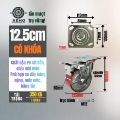 Bánh xe PU cốt sắt tải nặng, càng 5.5 ly banh xe pu loi gang tai nang 12.5cm khoa - Cơ Khí Nemo