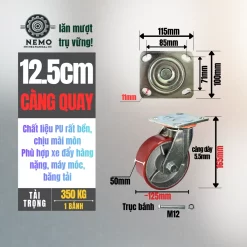 Bánh xe PU cốt sắt tải nặng, càng 5.5 ly banh xe pu loi gang tai nang 12.5cm quay - Cơ Khí Nemo