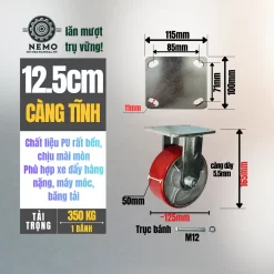 Bánh xe PU cốt sắt tải nặng, càng 5.5 ly banh xe pu loi gang tai nang 12.5cm tinh - Cơ Khí Nemo