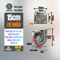 Bánh xe PU cốt sắt tải nặng, càng 5.5 ly banh xe pu loi gang tai nang 15cm khoa - Cơ Khí Nemo