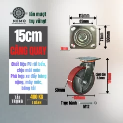 Bánh xe PU cốt sắt tải nặng, càng 5.5 ly banh xe pu loi gang tai nang 15cm quay - Cơ Khí Nemo
