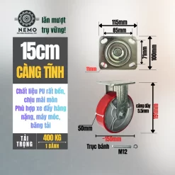 Bánh xe PU cốt sắt tải nặng, càng 5.5 ly banh xe pu loi gang tai nang 15cm tinh - Cơ Khí Nemo