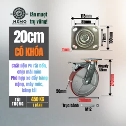 Bánh xe PU cốt sắt tải nặng, càng 5.5 ly banh xe pu loi gang tai nang 20cm khoa - Cơ Khí Nemo