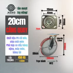 Bánh xe PU cốt sắt tải nặng, càng 5.5 ly banh xe pu loi gang tai nang 20cm quay - Cơ Khí Nemo