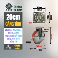 Bánh xe PU cốt sắt tải nặng, càng 5.5 ly banh xe pu loi gang tai nang 20cm tinh - Cơ Khí Nemo