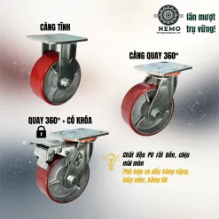 Bánh xe PU cốt sắt tải nặng, càng 5.5 ly banh xe pu loi gang tai nang - Cơ Khí Nemo (chi tiết 2)