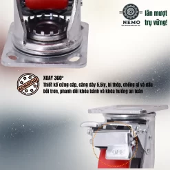 Bánh xe PU cốt sắt tải nặng, càng 5.5 ly banh xe pu loi gang tai nang - Cơ Khí Nemo (chi tiết 3)