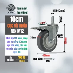 Bánh xe TPR xám (phẳng) tải nhẹ cọc vít banh xe tpr phang coc vit khoa 10cm - Cơ Khí Nemo