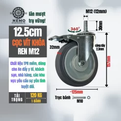 Bánh xe TPR xám (phẳng) tải nhẹ cọc vít banh xe tpr phang coc vit khoa 12cm - Cơ Khí Nemo