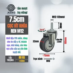 Bánh xe TPR xám (phẳng) tải nhẹ cọc vít banh xe tpr phang coc vit khoa 7.5cm - Cơ Khí Nemo