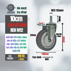 Bánh xe TPR xám (phẳng) tải nhẹ cọc vít banh xe tpr phang coc vit quay 10cm - Cơ Khí Nemo