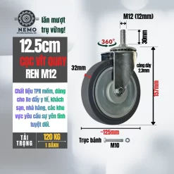 Bánh xe TPR xám (phẳng) tải nhẹ cọc vít banh xe tpr phang coc vit quay 12cm - Cơ Khí Nemo