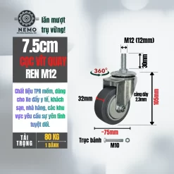 Bánh xe TPR xám (phẳng) tải nhẹ cọc vít banh xe tpr phang coc vit quay 7.5cm - Cơ Khí Nemo