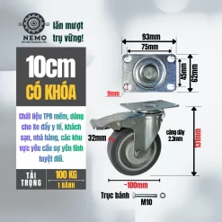 Bánh xe TPR xám (phẳng) tải nhẹ mặt bích banh xe tpr phang 10cm khoa - Cơ Khí Nemo