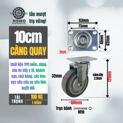 Bánh xe TPR xám (phẳng) tải nhẹ mặt bích banh xe tpr phang 10cm quay - Cơ Khí Nemo