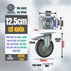 Bánh xe TPR xám (phẳng) tải nhẹ mặt bích banh xe tpr phang 12.5cm khoa - Cơ Khí Nemo