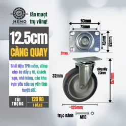 Bánh xe TPR xám (phẳng) tải nhẹ mặt bích banh xe tpr phang 12.5cm quay - Cơ Khí Nemo