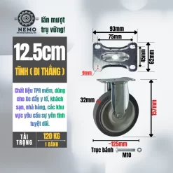 Bánh xe TPR xám (phẳng) tải nhẹ mặt bích banh xe tpr phang 12.5cm tinh - Cơ Khí Nemo