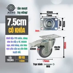 Bánh xe TPR xám (phẳng) tải nhẹ mặt bích banh xe tpr phang 7.5cm khoa - Cơ Khí Nemo
