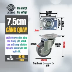 Bánh xe TPR xám (phẳng) tải nhẹ mặt bích banh xe tpr phang 7.5cm quay - Cơ Khí Nemo