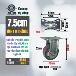 Bánh xe TPR xám (phẳng) tải nhẹ mặt bích banh xe tpr phang 7.5cm tinh - Cơ Khí Nemo