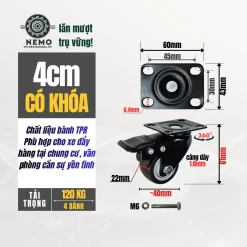 Bánh xe TPR chống ồn mặt bích, có bạc đạn banh xe tpr chong on cao cap 4cm khoa - Cơ Khí Nemo