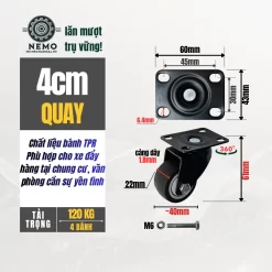 Bánh xe TPR chống ồn mặt bích, có bạc đạn banh xe tpr chong on cao cap 4cm quay - Cơ Khí Nemo