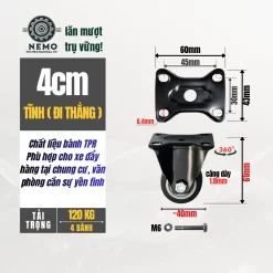 Bánh xe TPR chống ồn mặt bích, có bạc đạn banh xe tpr chong on cao cap 4cm tinh - Cơ Khí Nemo