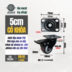 Bánh xe TPR chống ồn mặt bích, có bạc đạn banh xe tpr chong on cao cap 5cm khoa - Cơ Khí Nemo