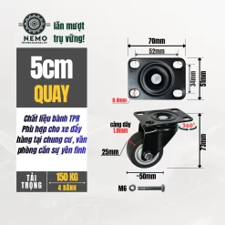 Bánh xe TPR chống ồn mặt bích, có bạc đạn banh xe tpr chong on cao cap 5cm quay - Cơ Khí Nemo