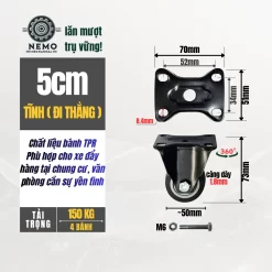 Bánh xe TPR chống ồn mặt bích, có bạc đạn banh xe tpr chong on cao cap 5cm tinh - Cơ Khí Nemo