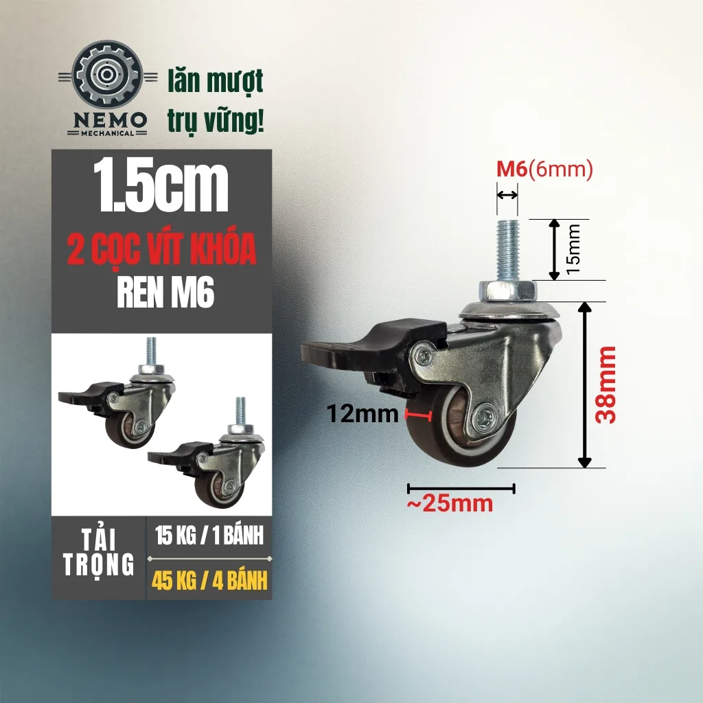 Bánh xe TPR nội thất mini cọc vít 2.5cm 2.5cm 2 coc vit khoa - Cơ Khí Nemo