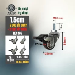 Bánh xe TPR nội thất mini cọc vít 2.5cm 2.5cm 2 coc vit quay 2 coc vit khoa - Cơ Khí Nemo