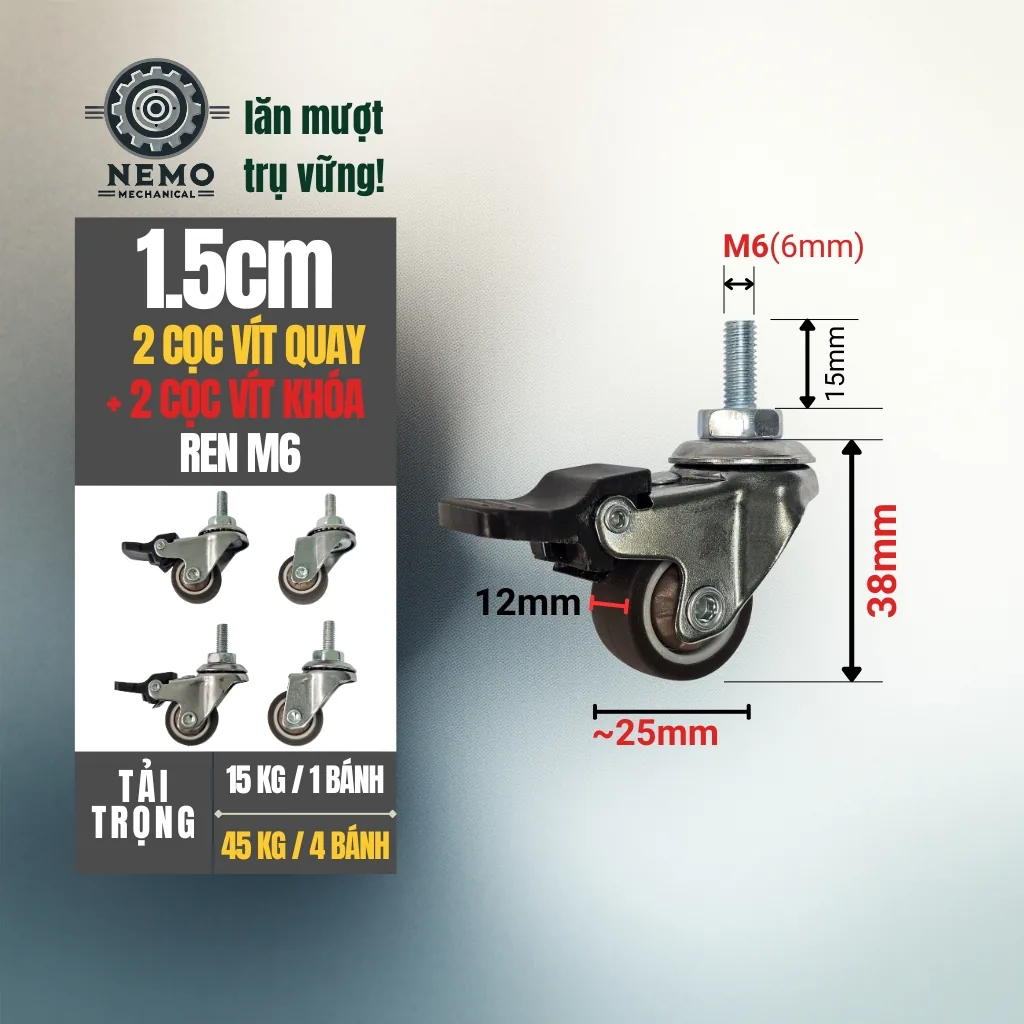 Bánh xe TPR nội thất mini cọc vít 2.5cm 2.5cm 2 coc vit quay 2 coc vit khoa - Cơ Khí Nemo