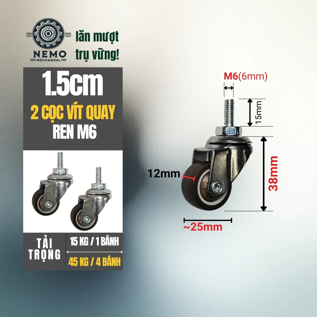 Bánh xe TPR nội thất mini cọc vít 2.5cm 2.5cm 2 coc vit quay - Cơ Khí Nemo