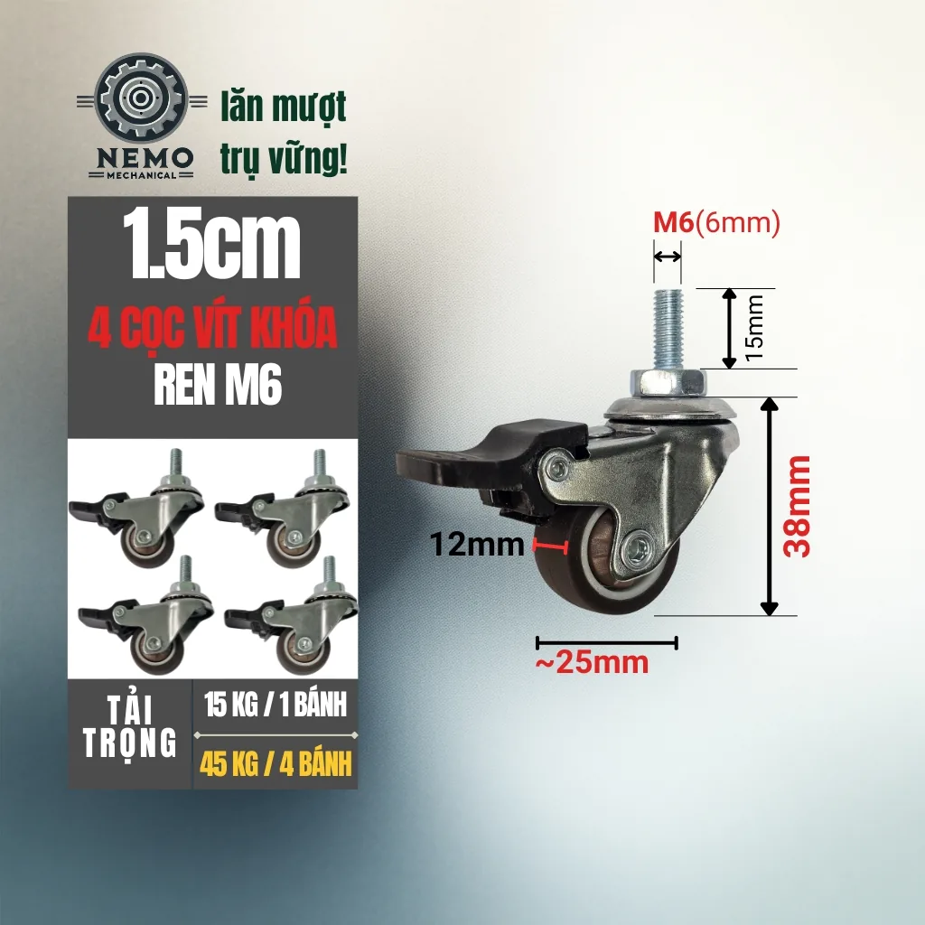 Bánh xe TPR nội thất mini cọc vít 2.5cm 2.5cm 4 coc vit khoa - Cơ Khí Nemo