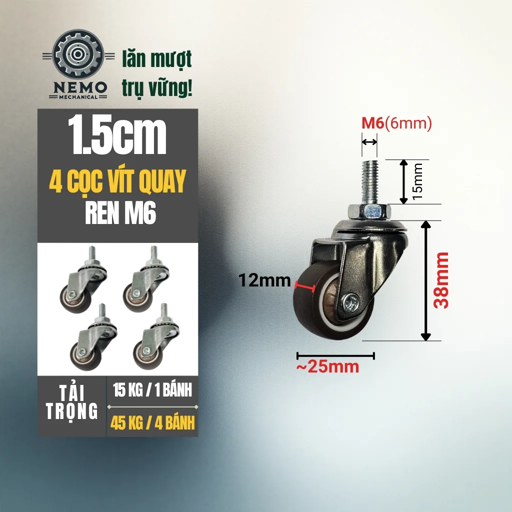 Bánh xe TPR nội thất mini cọc vít 2.5cm 2.5cm 4 coc vit quay - Cơ Khí Nemo