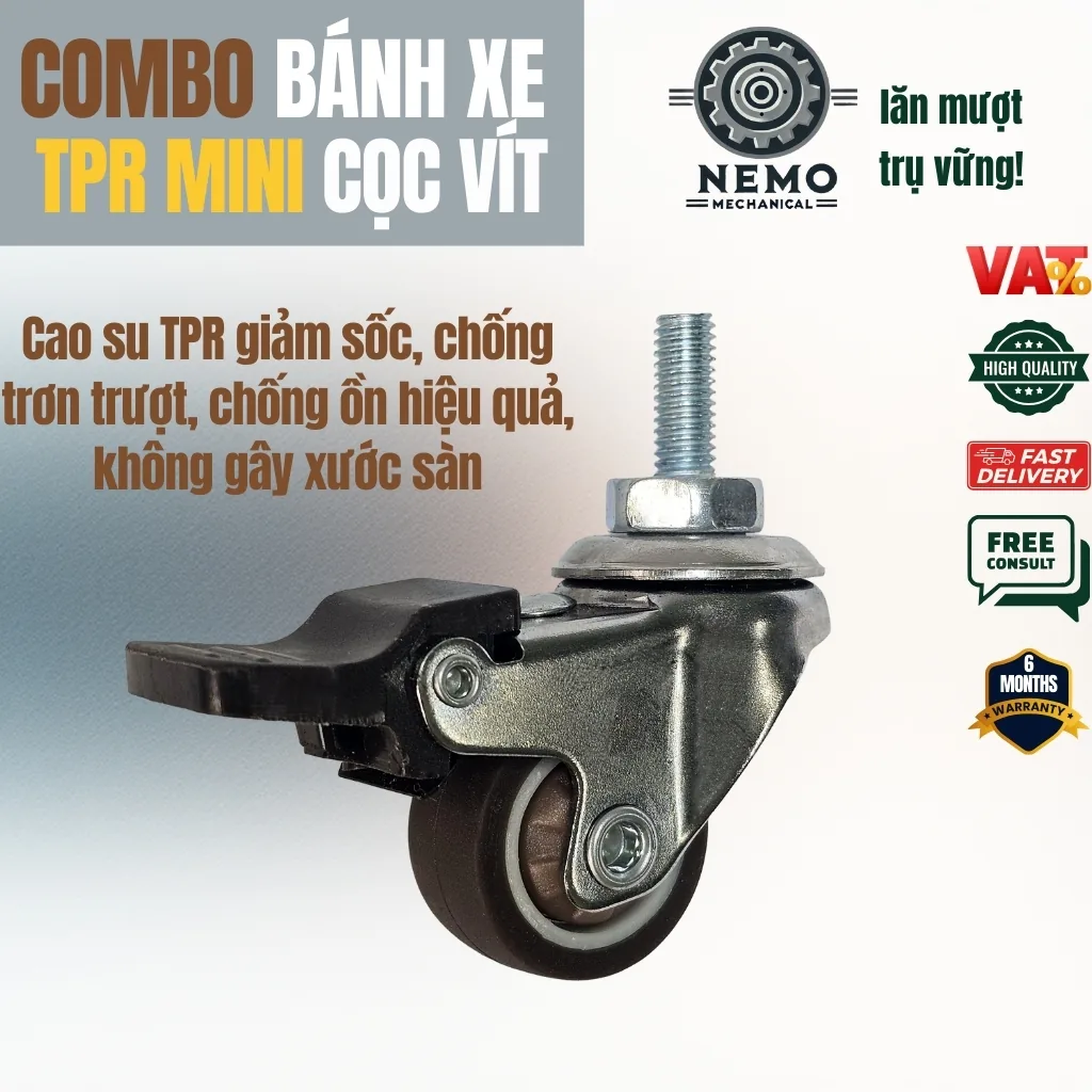 Bánh xe TPR nội thất mini cọc vít 2.5cm - Cơ Khí Nemo