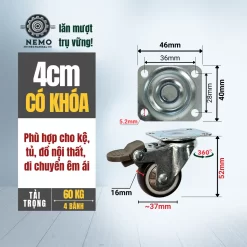Bánh xe TPR nội thất mặt bích, có ổ bi banh xe tpr noi that 4cm - Cơ Khí Nemo (chi tiết 2)
