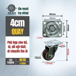 Bánh xe TPR nội thất mặt bích, có ổ bi banh xe tpr noi that 4cm - Cơ Khí Nemo