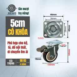 Bánh xe TPR nội thất mặt bích, có ổ bi banh xe tpr noi that 5cm - Cơ Khí Nemo (chi tiết 2)